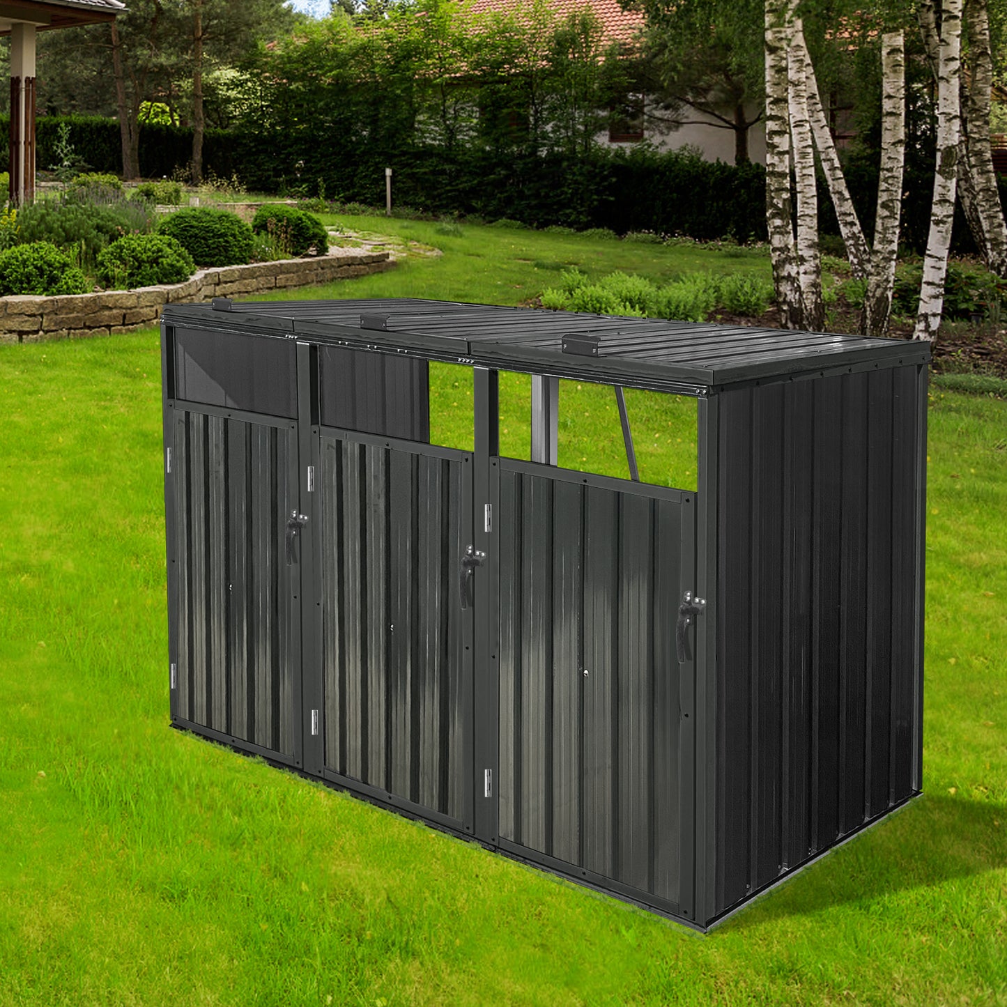 Garbage Bin Shed Stores 3 Trash Cans Metal Outdoor Bin Shed for Garbage Storage,black