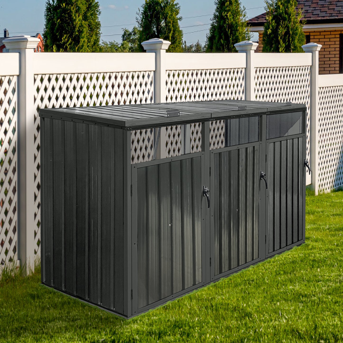 Garbage Bin Shed Stores 3 Trash Cans Metal Outdoor Bin Shed for Garbage Storage,black