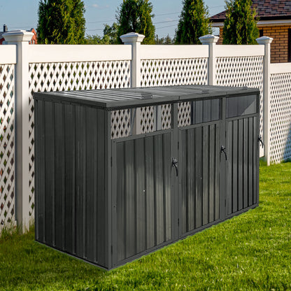 Garbage Bin Shed Stores 3 Trash Cans Metal Outdoor Bin Shed for Garbage Storage,black