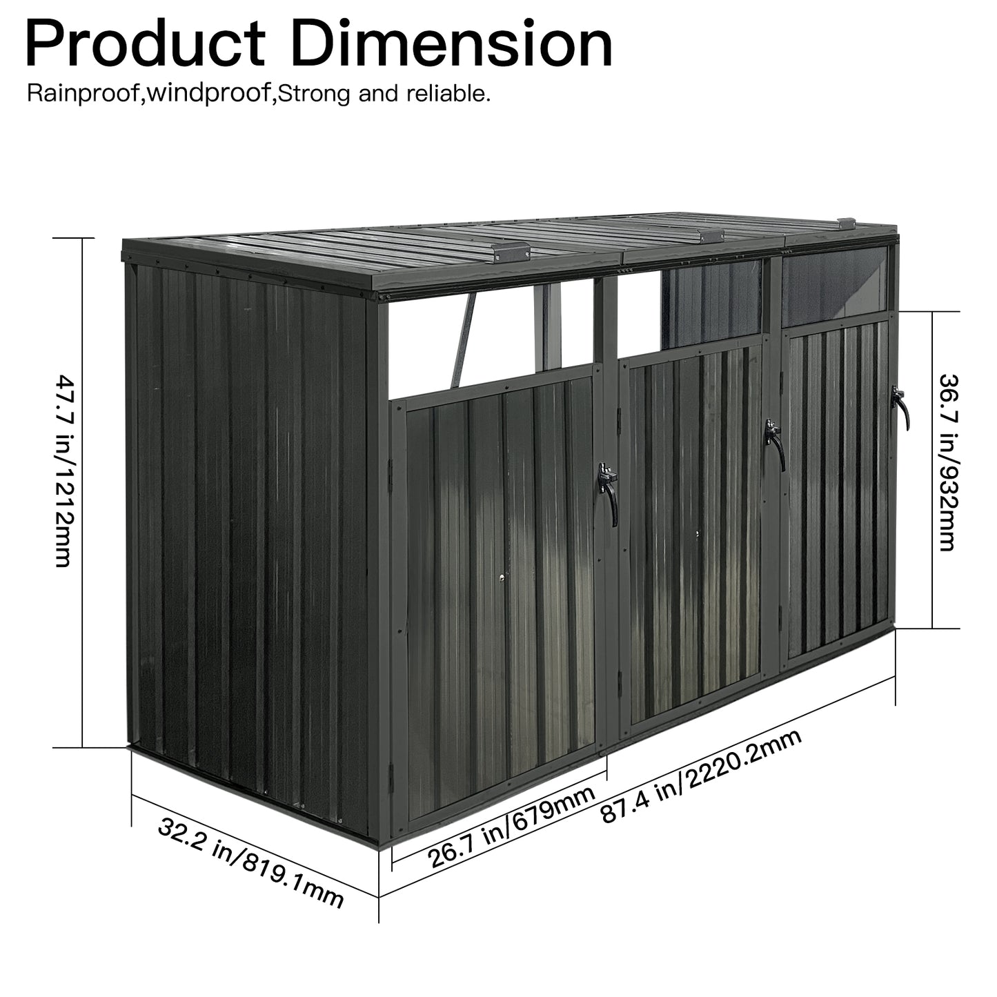 Garbage Bin Shed Stores 3 Trash Cans Metal Outdoor Bin Shed for Garbage Storage,black