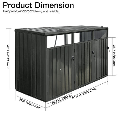 Garbage Bin Shed Stores 3 Trash Cans Metal Outdoor Bin Shed for Garbage Storage,black
