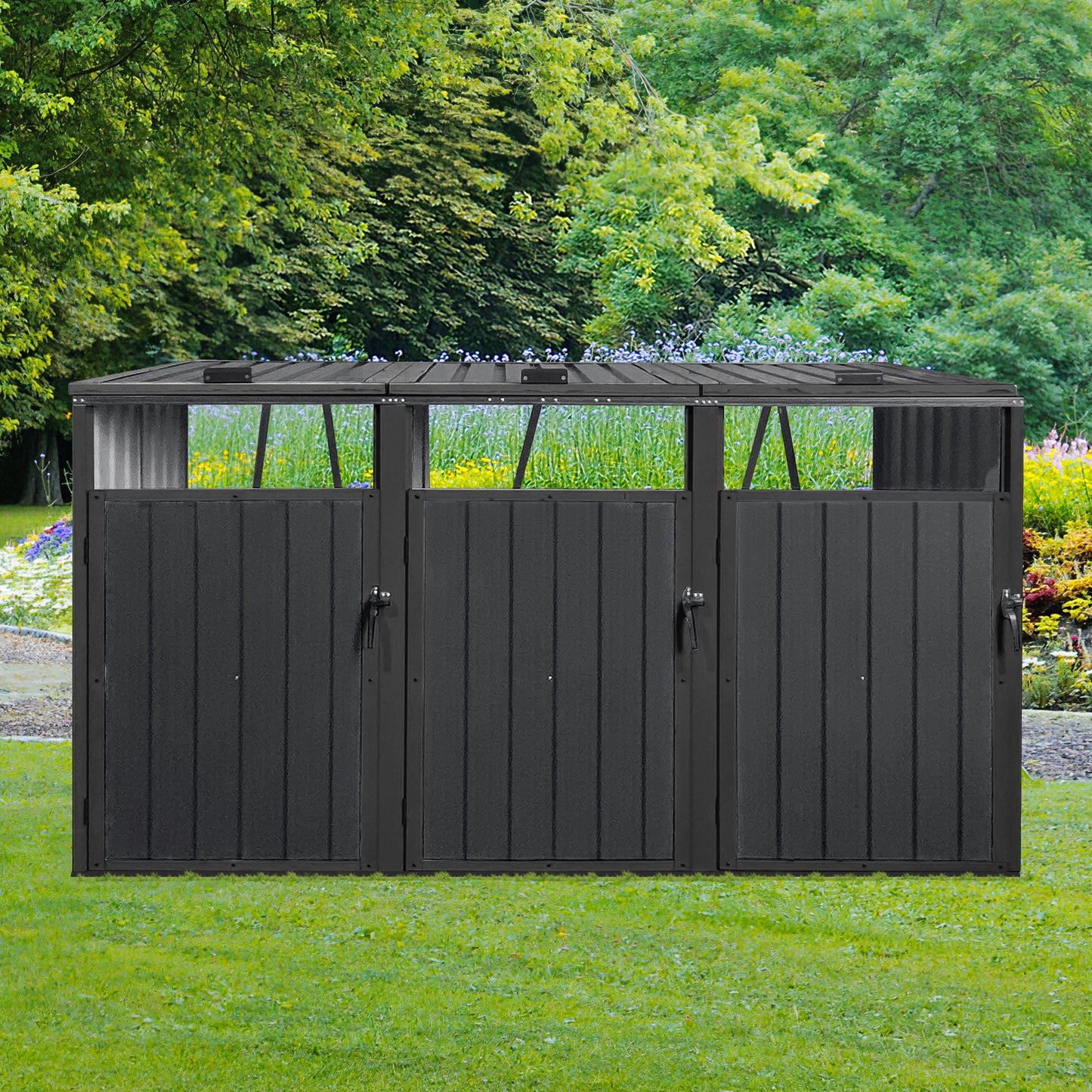 Garbage Bin Shed Stores 3 Trash Cans Metal Outdoor Bin Shed for Garbage Storage,black