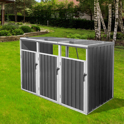 Garbage Bin Shed Stores 3 Trash Cans Metal Outdoor Bin Shed for Garbage Storage,Grey
