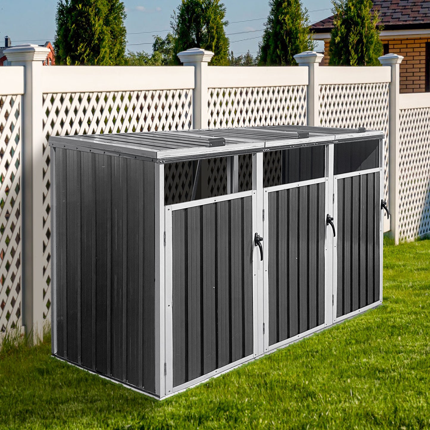 Garbage Bin Shed Stores 3 Trash Cans Metal Outdoor Bin Shed for Garbage Storage,Grey