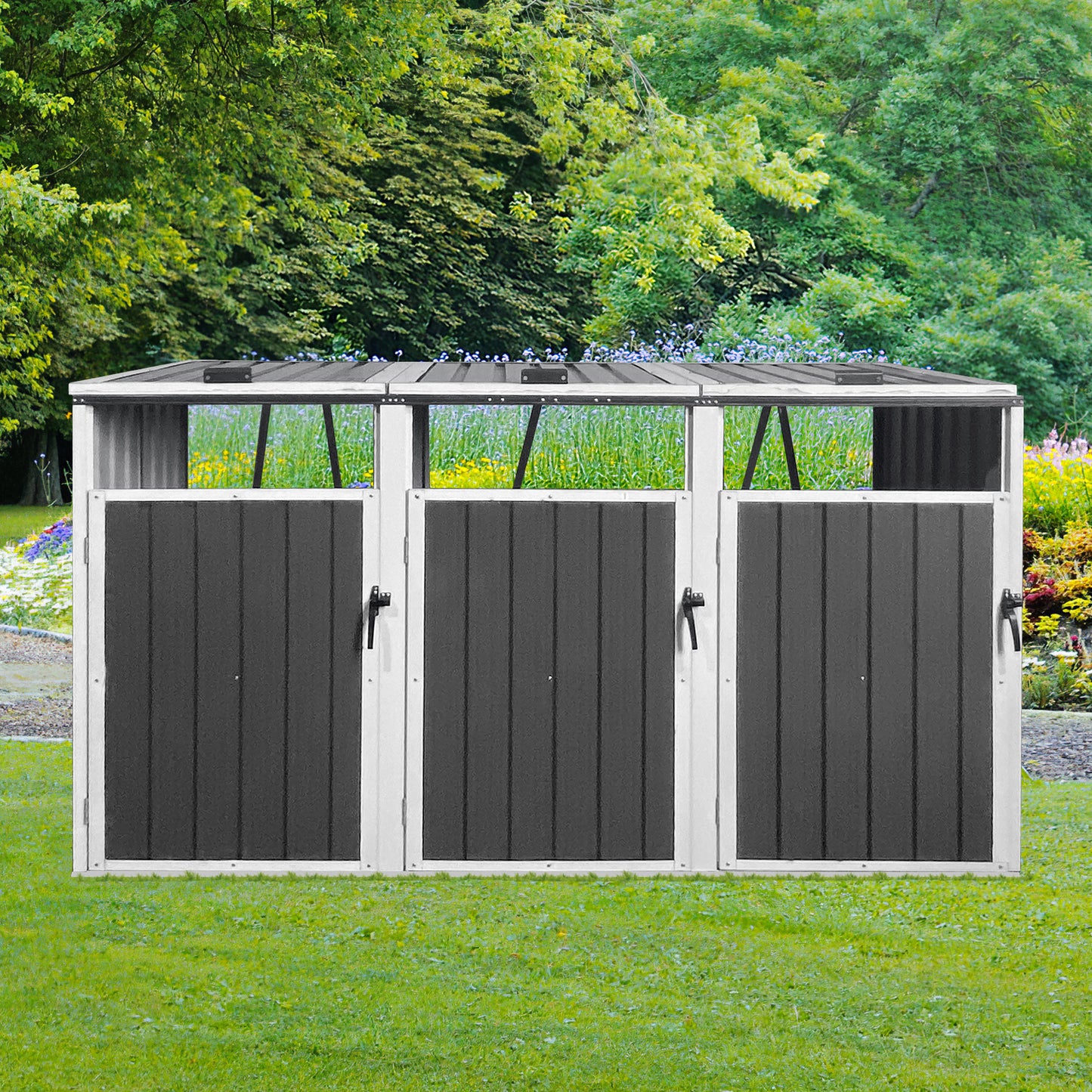 Garbage Bin Shed Stores 3 Trash Cans Metal Outdoor Bin Shed for Garbage Storage,Grey