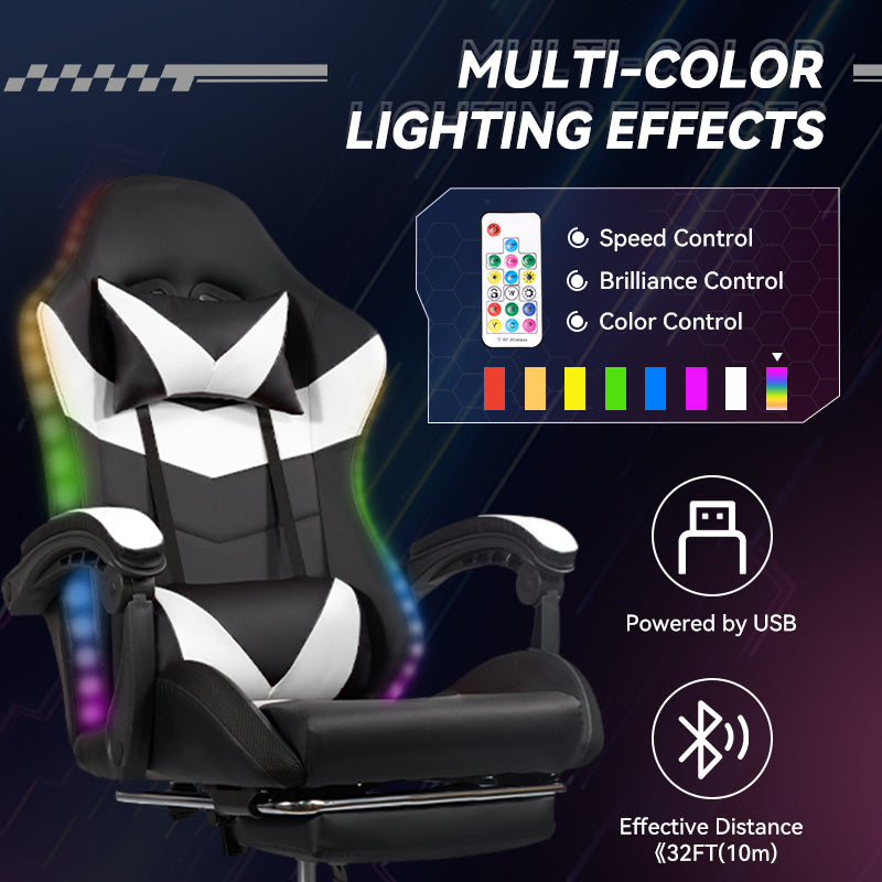 Gaming Chair Black-White - RGB Lighting PU Leather w/Synced Armrests & 5-Star Metal Base