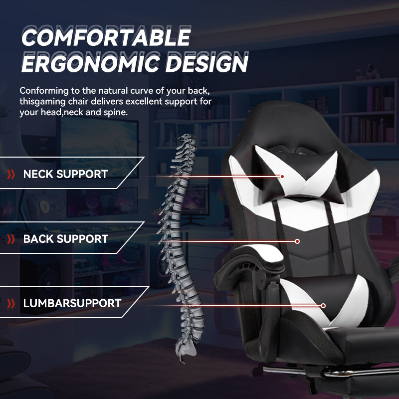 Gaming Chair Black-White - RGB Lighting PU Leather w/Synced Armrests & 5-Star Metal Base
