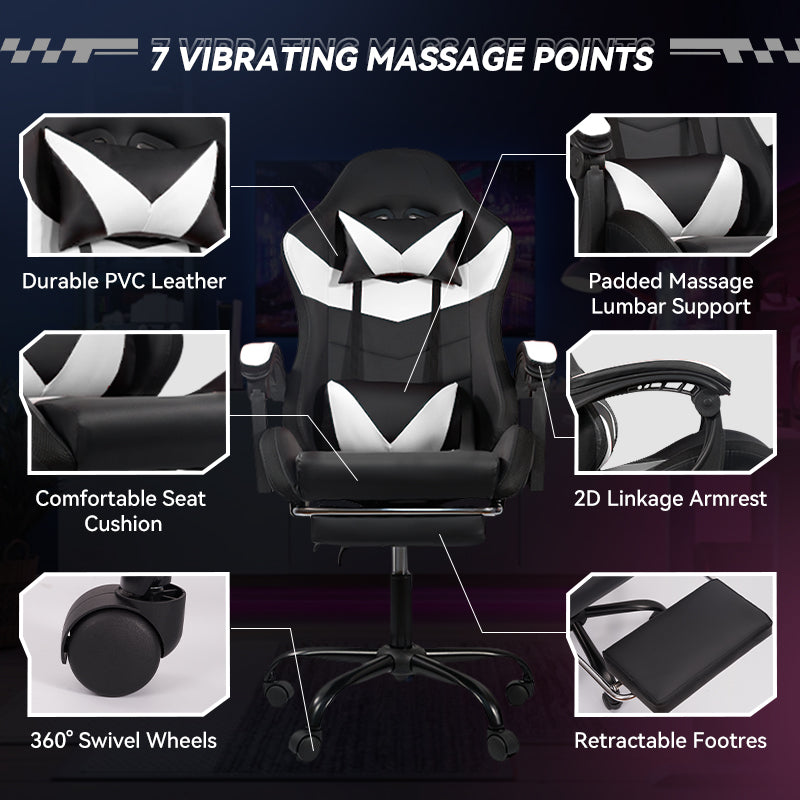 Gaming Chair Black-White - RGB Lighting PU Leather w/Synced Armrests & 5-Star Metal Base
