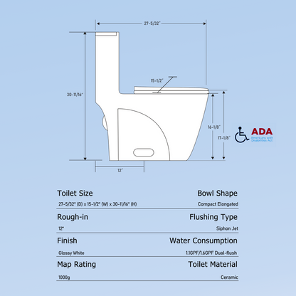 One-Piece Toilet, 1.1/1.60 GPF Water-Efficient Dual-Flush Elongated Comfort Height Floor Mounted, Standard-Size Toilet with Soft Closing Seat Included, Glossy White GF-24T01-GW