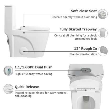 One-Piece Toilet, 1.1/1.60 GPF Water-Efficient Dual-Flush Elongated Comfort Height Floor Mounted, Standard-Size Toilet with Soft Closing Seat Included, Glossy White GF-24T01-GW
