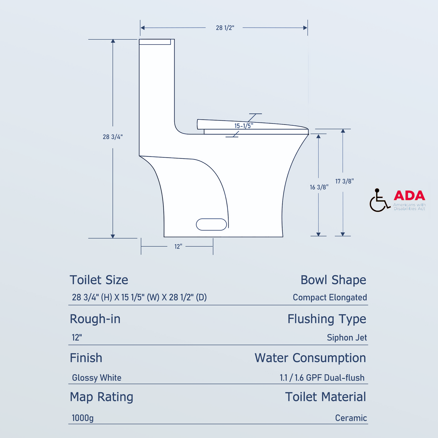 1.1/1.60 GPF Dual-Flush One Piece Toilet, Water-Saving Elongated Comfort Height Floor Mounted, Soft Closing Seat, 1000 Gram Map Flushing Score Toilet, Glossy White GF-24T02-GW