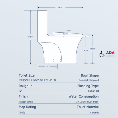 1.1/1.60 GPF Dual-Flush One Piece Toilet, Water-Saving Elongated Comfort Height Floor Mounted, Soft Closing Seat, 1000 Gram Map Flushing Score Toilet, Glossy White GF-24T02-GW