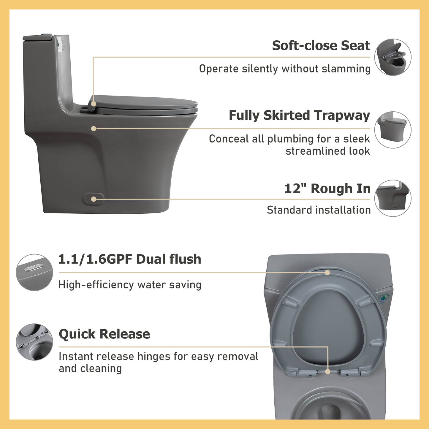 1.1/1.60 GPF Dual-Flush One Piece Toilet, Water-Saving Elongated Comfort Height Floor Mounted, Soft Closing Seat, 1000 Gram Map Flushing Score Toilet, Light Grey GF-24T02-LG