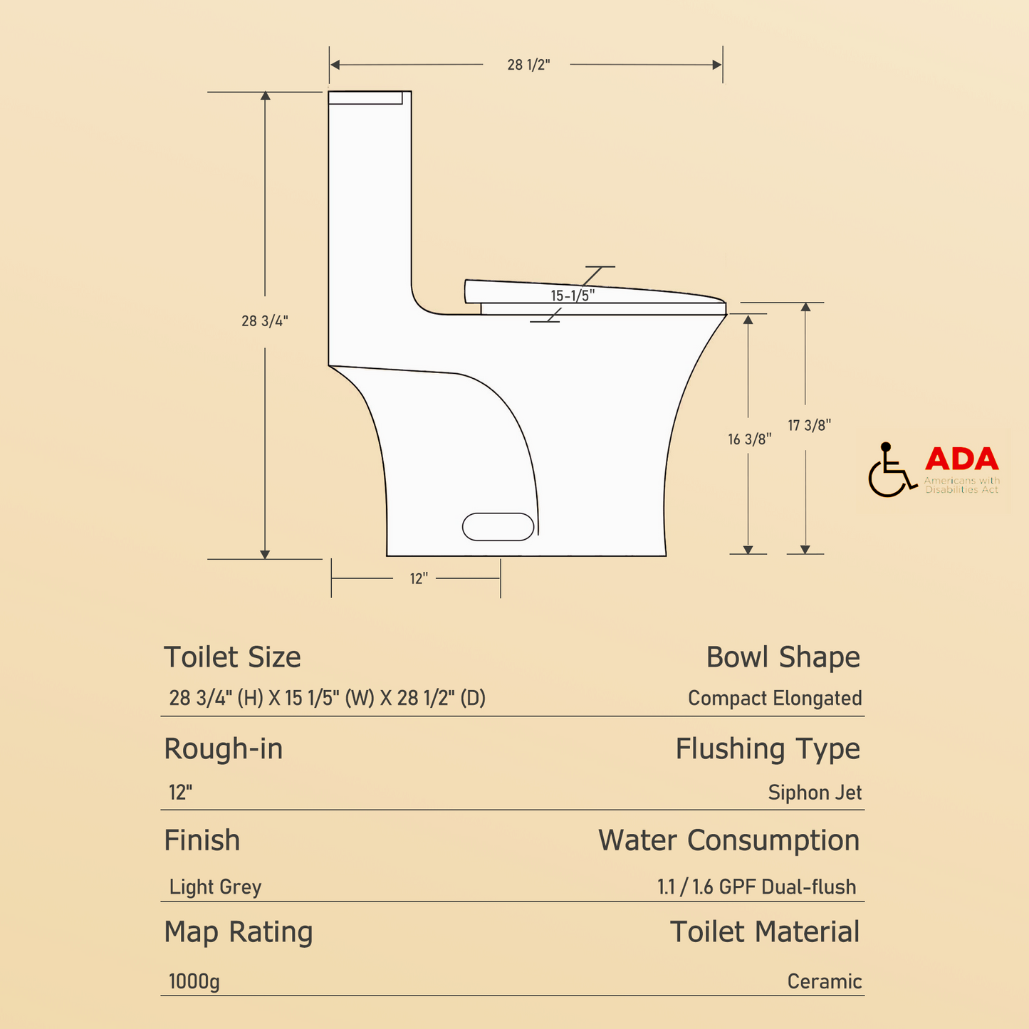 1.1/1.60 GPF Dual-Flush One Piece Toilet, Water-Saving Elongated Comfort Height Floor Mounted, Soft Closing Seat, 1000 Gram Map Flushing Score Toilet, Light Grey GF-24T02-LG