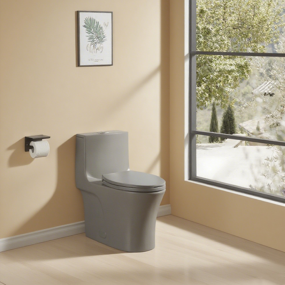1.1/1.60 GPF Dual-Flush One Piece Toilet, Water-Saving Elongated Comfort Height Floor Mounted, Soft Closing Seat, 1000 Gram Map Flushing Score Toilet, Light Grey GF-24T02-LG