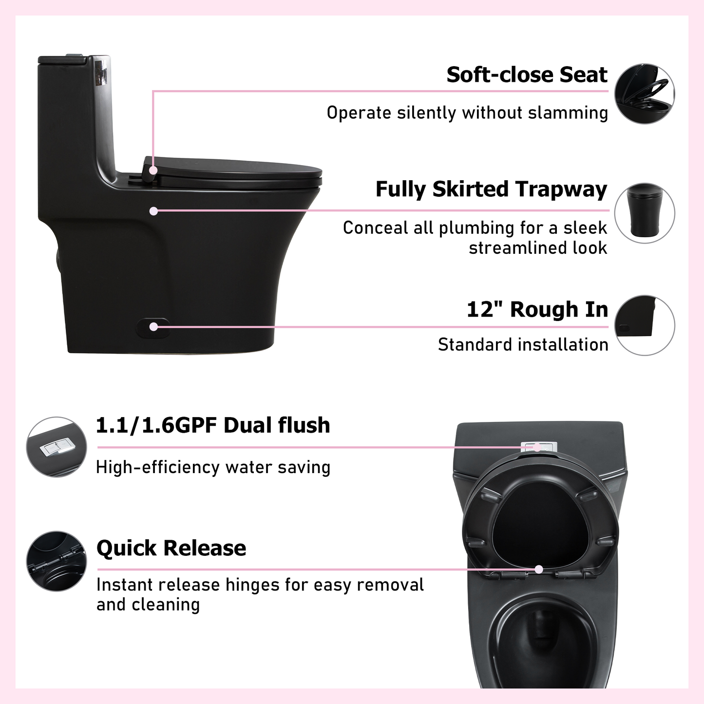 1.1/1.60 GPF Dual-Flush One Piece Toilet, Water-Saving Elongated Comfort Height Floor Mounted, Soft Closing Seat, 1000 Gram Map Flushing Score Toilet, Matte Black GF-24T02-MB