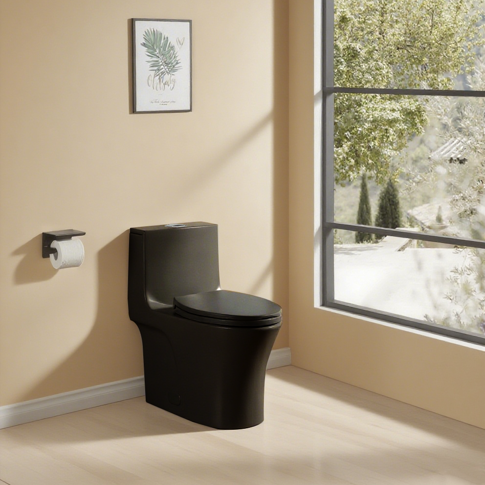1.1/1.60 GPF Dual-Flush One Piece Toilet, Water-Saving Elongated Comfort Height Floor Mounted, Soft Closing Seat, 1000 Gram Map Flushing Score Toilet, Matte Black GF-24T02-MB
