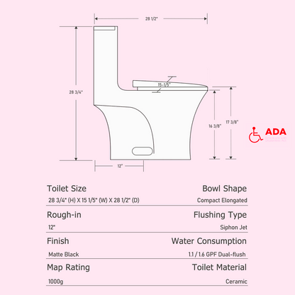 1.1/1.60 GPF Dual-Flush One Piece Toilet, Water-Saving Elongated Comfort Height Floor Mounted, Soft Closing Seat, 1000 Gram Map Flushing Score Toilet, Matte Black GF-24T02-MB