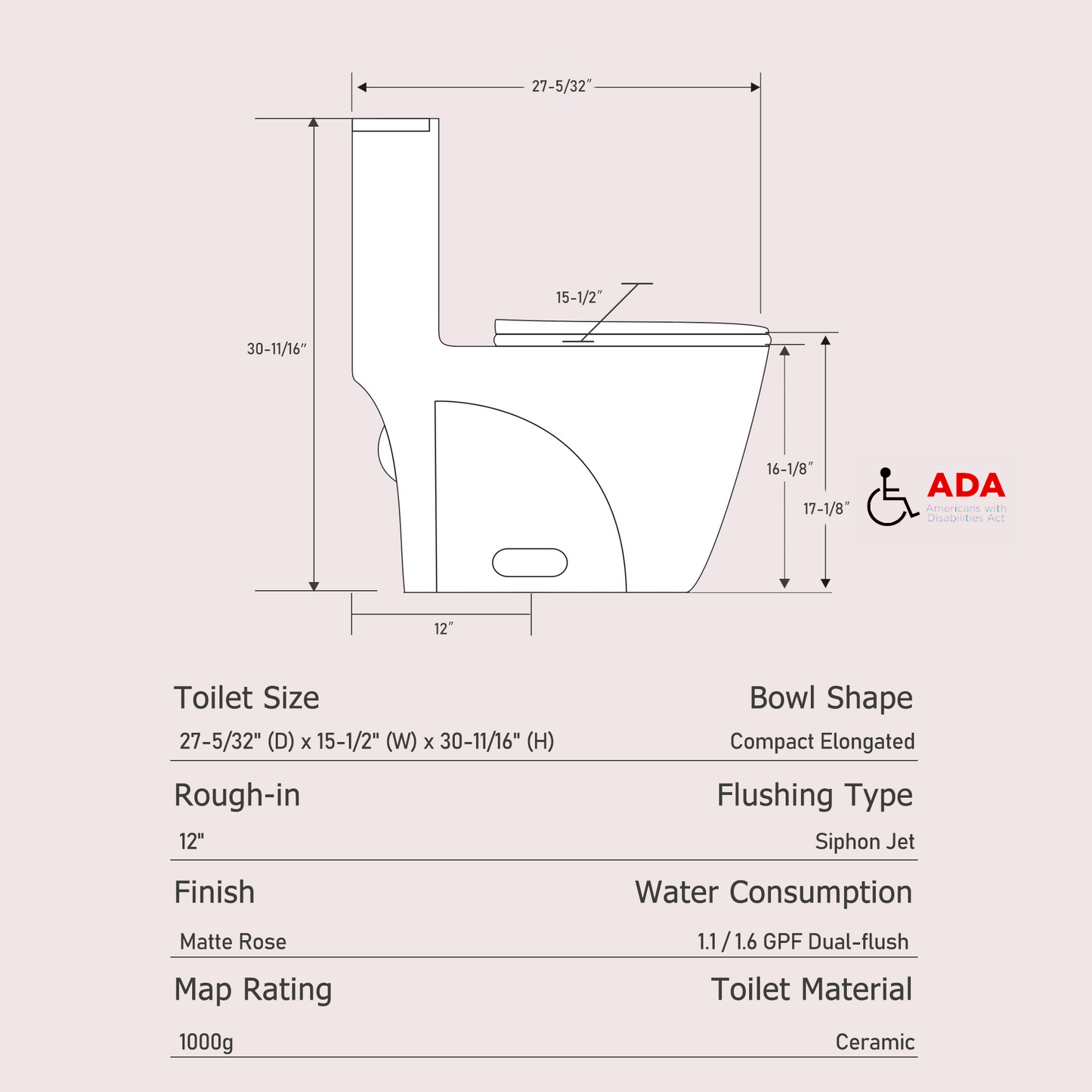 1.1/1.60 GPF Dual-Flush One Piece Toilet, Water-Saving Elongated Comfort Height Floor Mounted, Soft Close 1000 Gram Map Flushing Score Toilet, Rose GF-24T01-RS