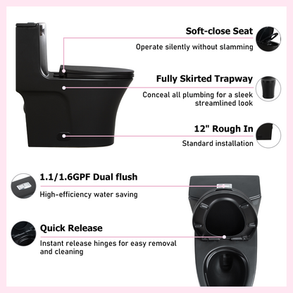 1.1/1.60 GPF Dual-Flush One Piece Toilet, Water-Saving Elongated Comfort Height Floor Mounted, Soft Closing Seat, 1000 Gram Map Flushing Score Toilet, Matte Black CM-24T02-MB