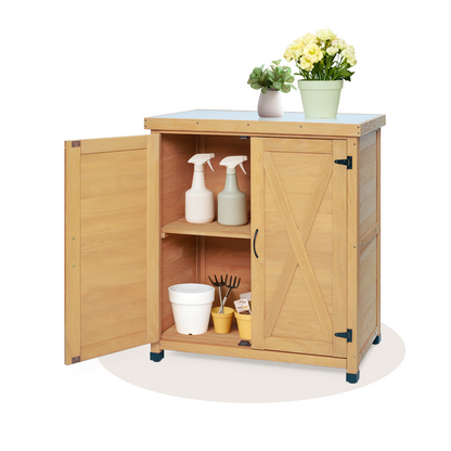 Potting Bench with Storage Cabinet and Metal Table Top for Outdoor Patio,Outdoor Work Station Table