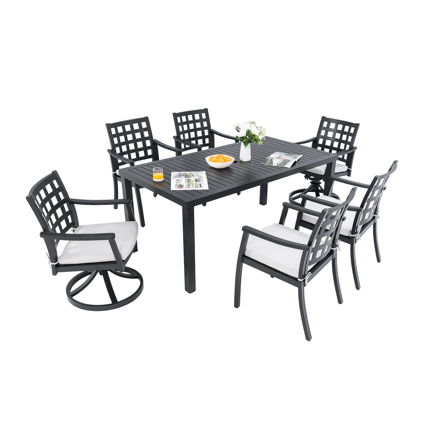 Modern Classic 7PC Outdoor Patio Dining Set,a Rectangular Table,Six Chairs (4 Stationary, 2 Swivel Rockers),Cast Aluminum,Rust-Free,Textured Ember Black,Sunbrella Cushions,Weather-Resistant,for Garden
