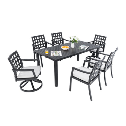 Modern Classic 7PC Outdoor Patio Dining Set,a Rectangular Table,Six Chairs (4 Stationary, 2 Swivel Rockers),Cast Aluminum,Rust-Free,Textured Ember Black,Sunbrella Cushions,Weather-Resistant,for Garden