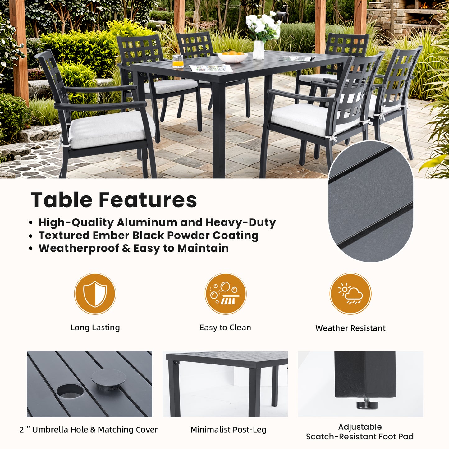 Modern Classic 7PC Outdoor Patio Dining Set,a Rectangular Table,Six Chairs (4 Stationary, 2 Swivel Rockers),Cast Aluminum,Rust-Free,Textured Ember Black,Sunbrella Cushions,Weather-Resistant,for Garden