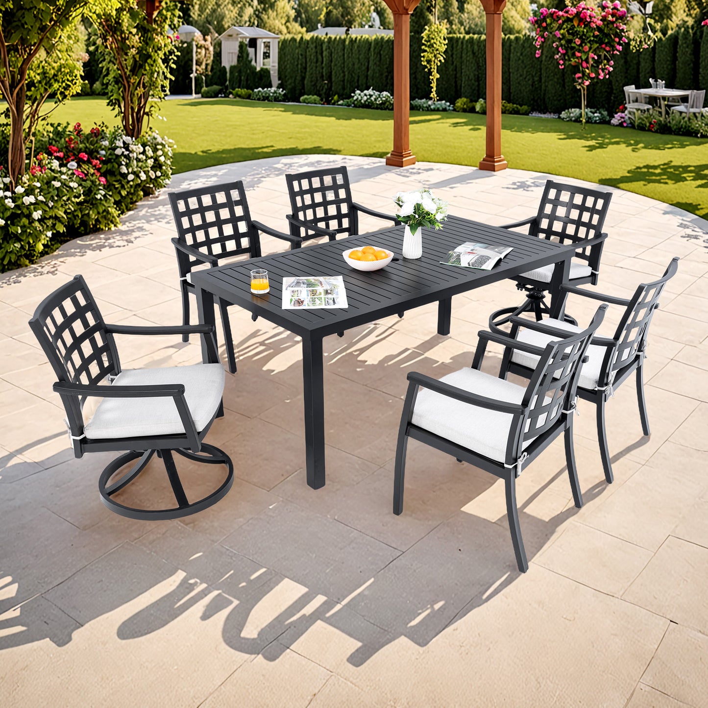 Modern Classic 7PC Outdoor Patio Dining Set,a Rectangular Table,Six Chairs (4 Stationary, 2 Swivel Rockers),Cast Aluminum,Rust-Free,Textured Ember Black,Sunbrella Cushions,Weather-Resistant,for Garden