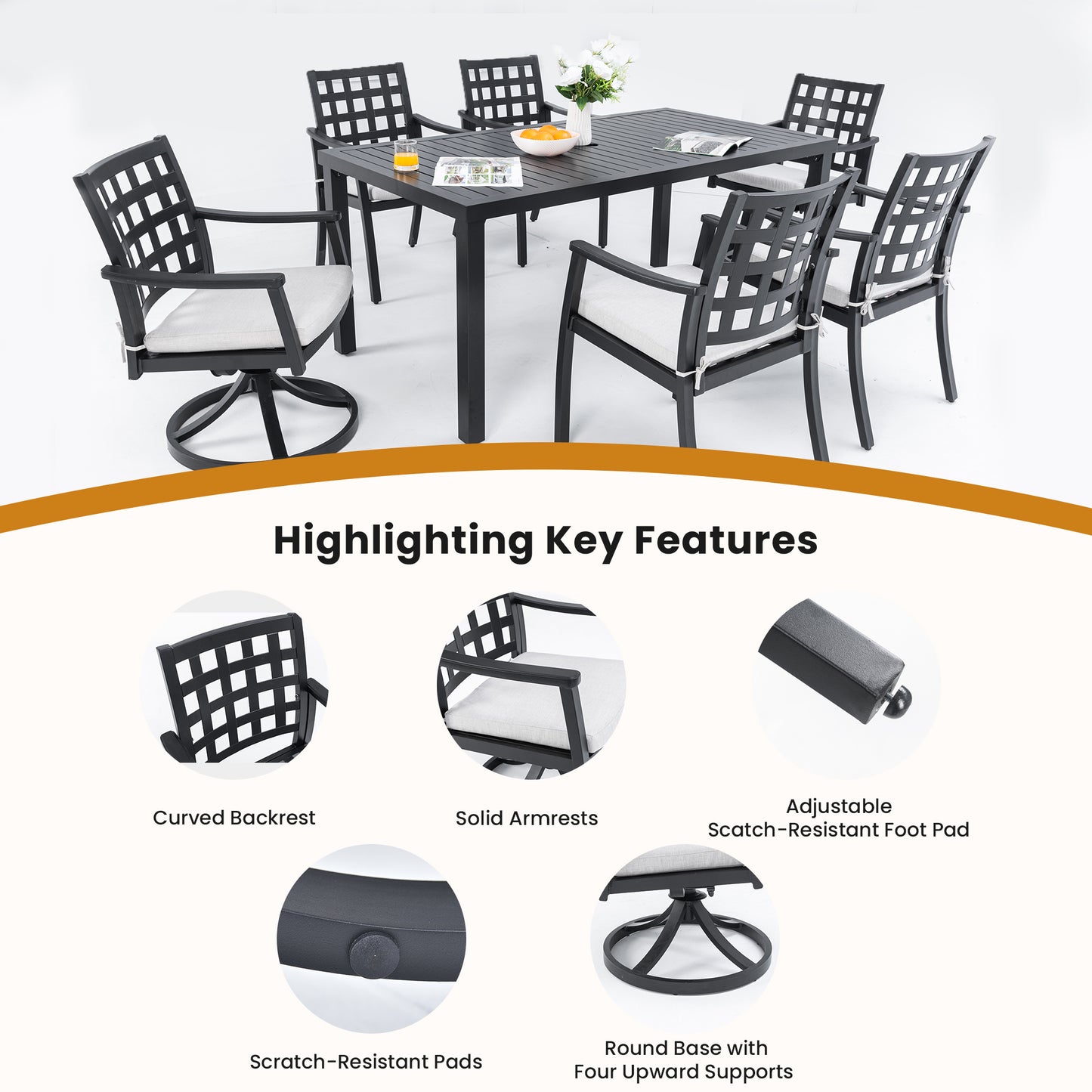 Modern Classic 7PC Outdoor Patio Dining Set,a Rectangular Table,Six Chairs (4 Stationary, 2 Swivel Rockers),Cast Aluminum,Rust-Free,Textured Ember Black,Sunbrella Cushions,Weather-Resistant,for Garden