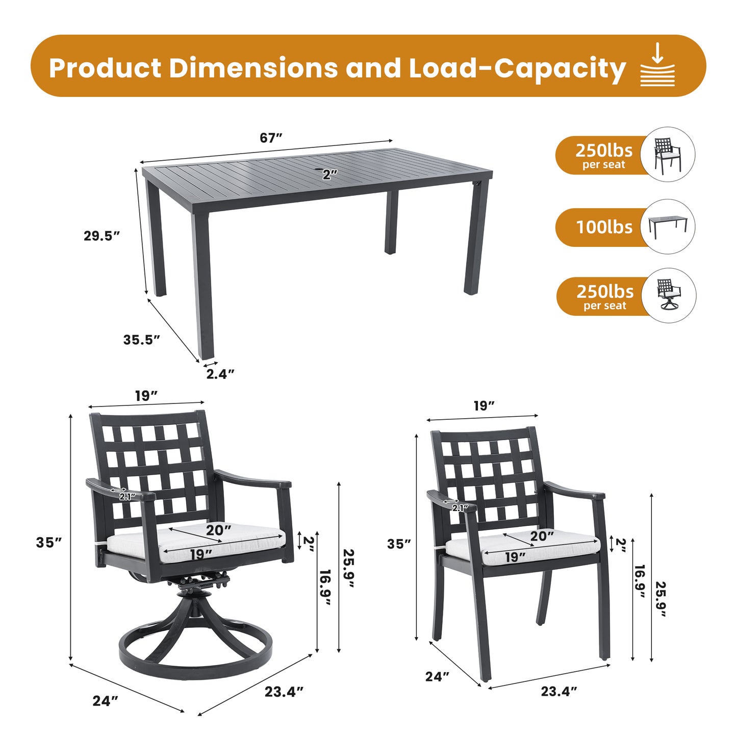 Modern Classic 7PC Outdoor Patio Dining Set,a Rectangular Table,Six Chairs (4 Stationary, 2 Swivel Rockers),Cast Aluminum,Rust-Free,Textured Ember Black,Sunbrella Cushions,Weather-Resistant,for Garden