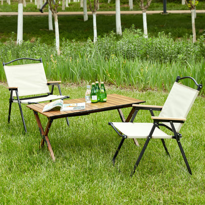 3-piece Folding Outdoor Table and two chairs,Lightweight Aluminum Roll-up Square for indoor, Outdoor Camping, Picnics, Beach,Backyard, BBQ, Party, Patio, Brown/Beige