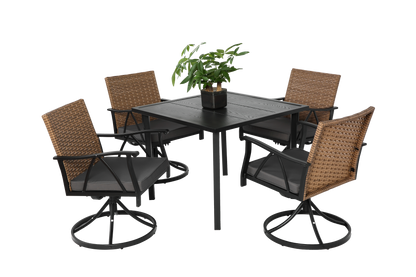 5 Piece Patio Dining Set for 4,Outdoor Wicker Furniture Set for Backyard Garden Deck Poolside with 4 Cushions Swivel Rocker Chairs,steel Table Top, Removable Cushions