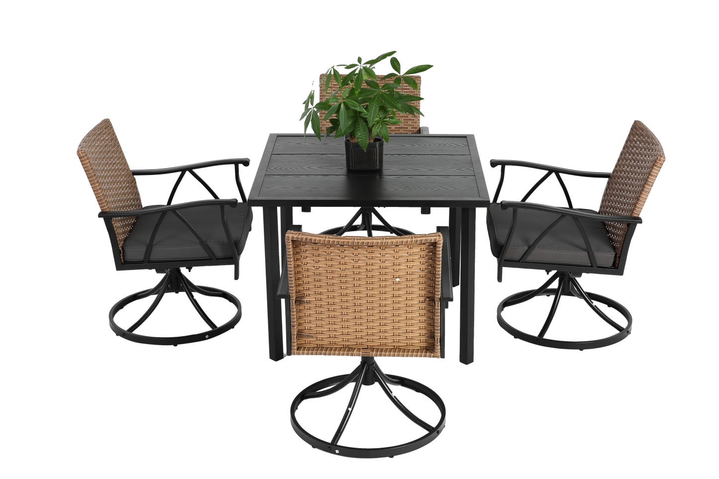 5 Piece Patio Dining Set for 4,Outdoor Wicker Furniture Set for Backyard Garden Deck Poolside with 4 Cushions Swivel Rocker Chairs,steel Table Top, Removable Cushions