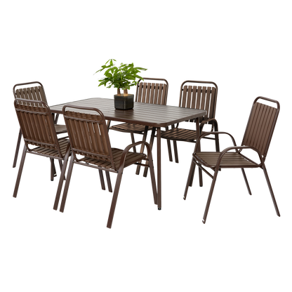 7 Pieces Patio Dining Set, Plastic chair and steel table Outdoor Set, plastic Chairs and Table Set for Garden Patio, Brown