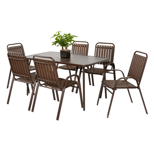 7 Pieces Patio Dining Set, Plastic chair and steel table Outdoor Set, plastic Chairs and Table Set for Garden Patio, Brown