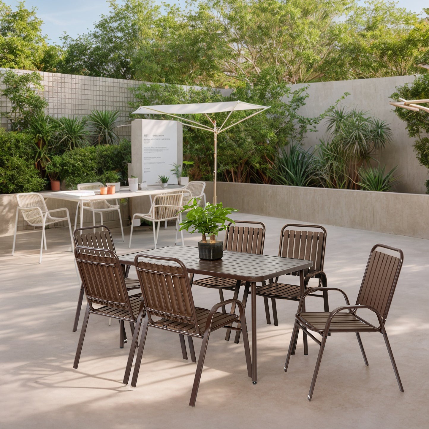 7 Pieces Patio Dining Set, Plastic chair and steel table Outdoor Set, plastic Chairs and Table Set for Garden Patio, Brown
