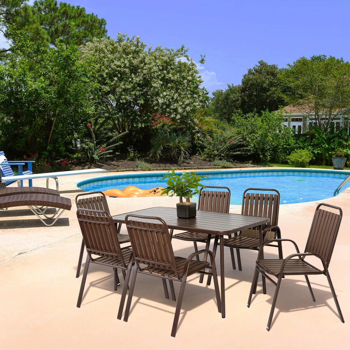 7 Pieces Patio Dining Set, Plastic chair and steel table Outdoor Set, plastic Chairs and Table Set for Garden Patio, Brown