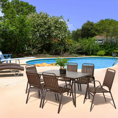 7 Pieces Patio Dining Set, Plastic chair and steel table Outdoor Set, plastic Chairs and Table Set for Garden Patio, Brown