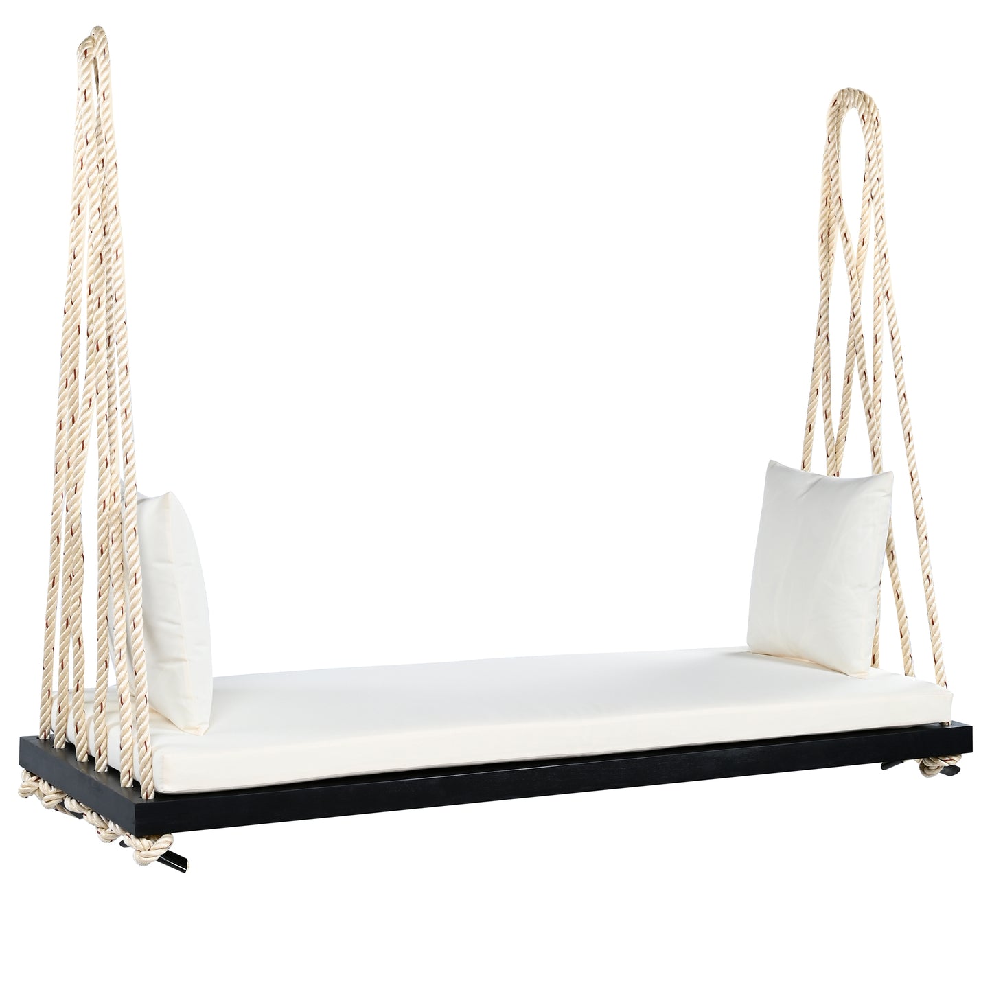 TOPMAX Patio Wooden Swing Chair, Hanging Porch Swing Bench with Cushion&Pillows, 10.8Ft Hemp Ropes for Garden,Backyard, Lawn,Black