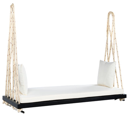 TOPMAX Patio Wooden Swing Chair, Hanging Porch Swing Bench with Cushion&Pillows, 10.8Ft Hemp Ropes for Garden,Backyard, Lawn,Black