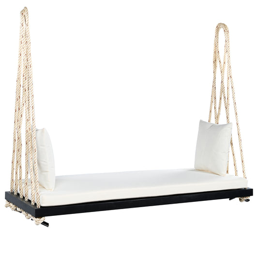 TOPMAX Patio Wooden Swing Chair, Hanging Porch Swing Bench with Cushion&Pillows, 10.8Ft Hemp Ropes for Garden,Backyard, Lawn,Black