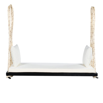 TOPMAX Patio Wooden Swing Chair, Hanging Porch Swing Bench with Cushion&Pillows, 10.8Ft Hemp Ropes for Garden,Backyard, Lawn,Black