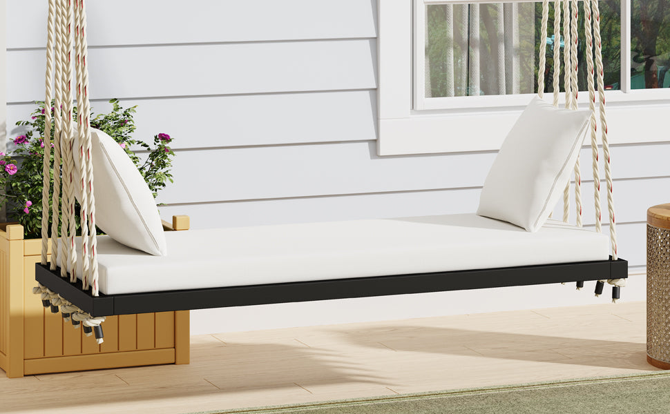 TOPMAX Patio Wooden Swing Chair, Hanging Porch Swing Bench with Cushion&Pillows, 10.8Ft Hemp Ropes for Garden,Backyard, Lawn,Black