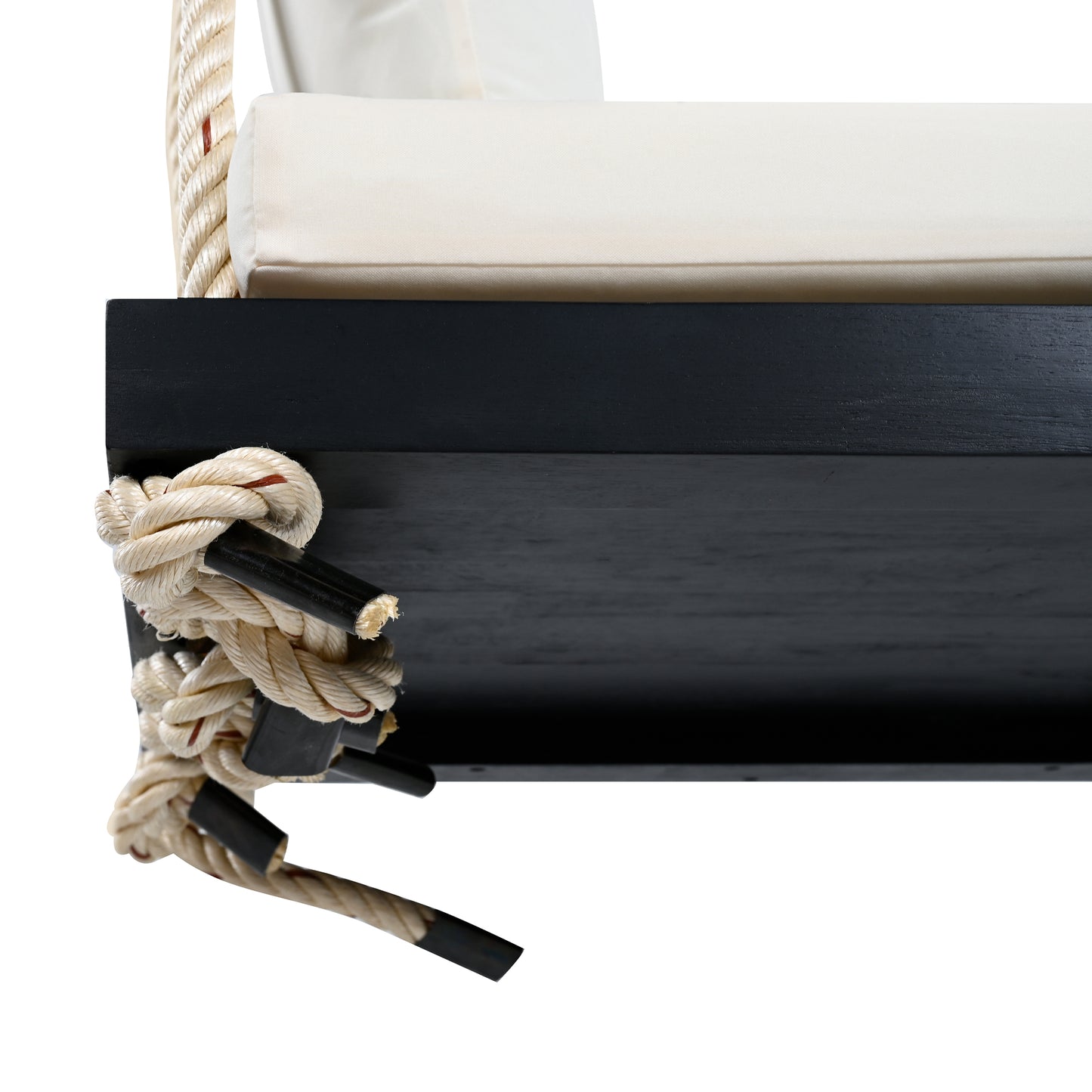 TOPMAX Patio Wooden Swing Chair, Hanging Porch Swing Bench with Cushion&Pillows, 10.8Ft Hemp Ropes for Garden,Backyard, Lawn,Black