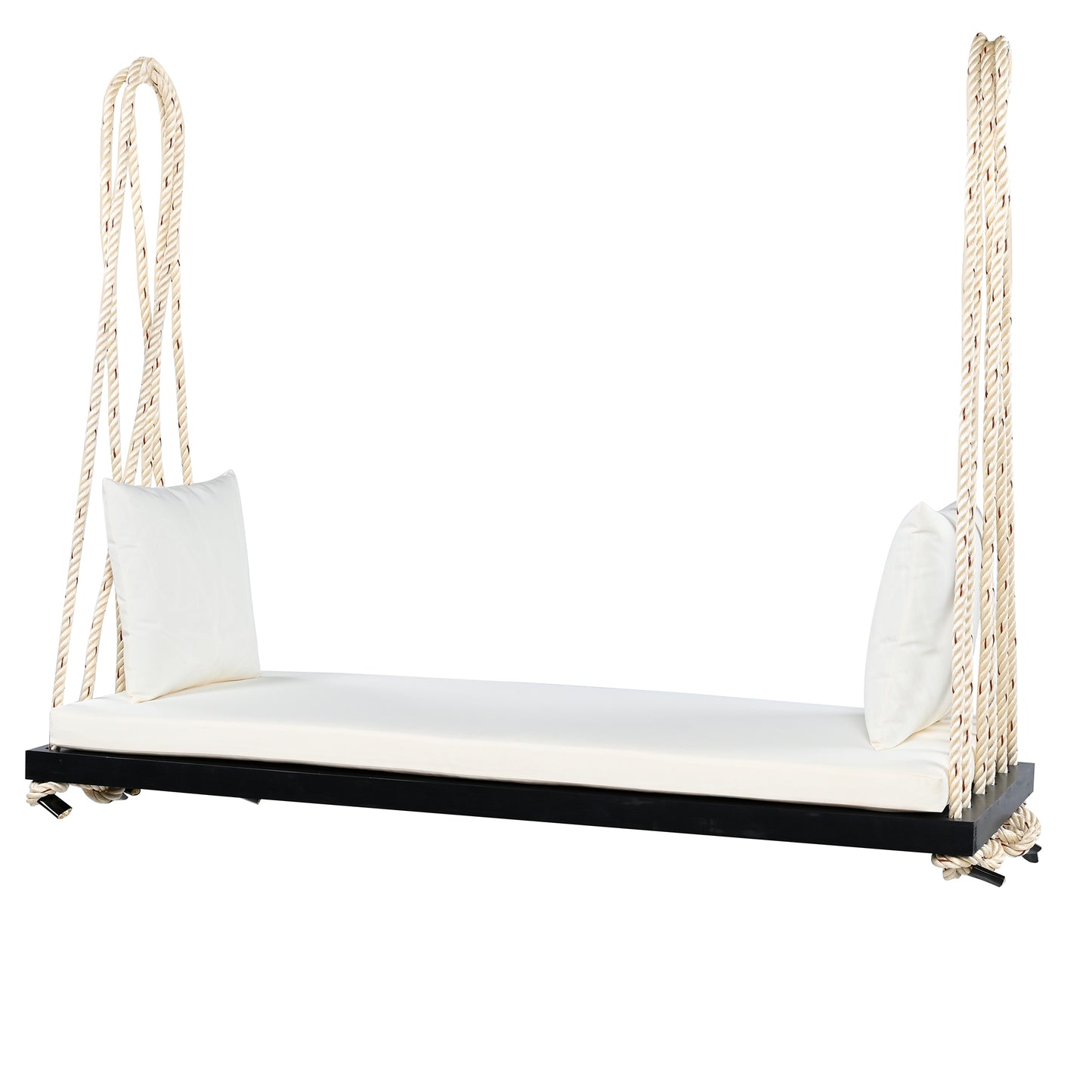 TOPMAX Patio Wooden Swing Chair, Hanging Porch Swing Bench with Cushion&Pillows, 10.8Ft Hemp Ropes for Garden,Backyard, Lawn,Black