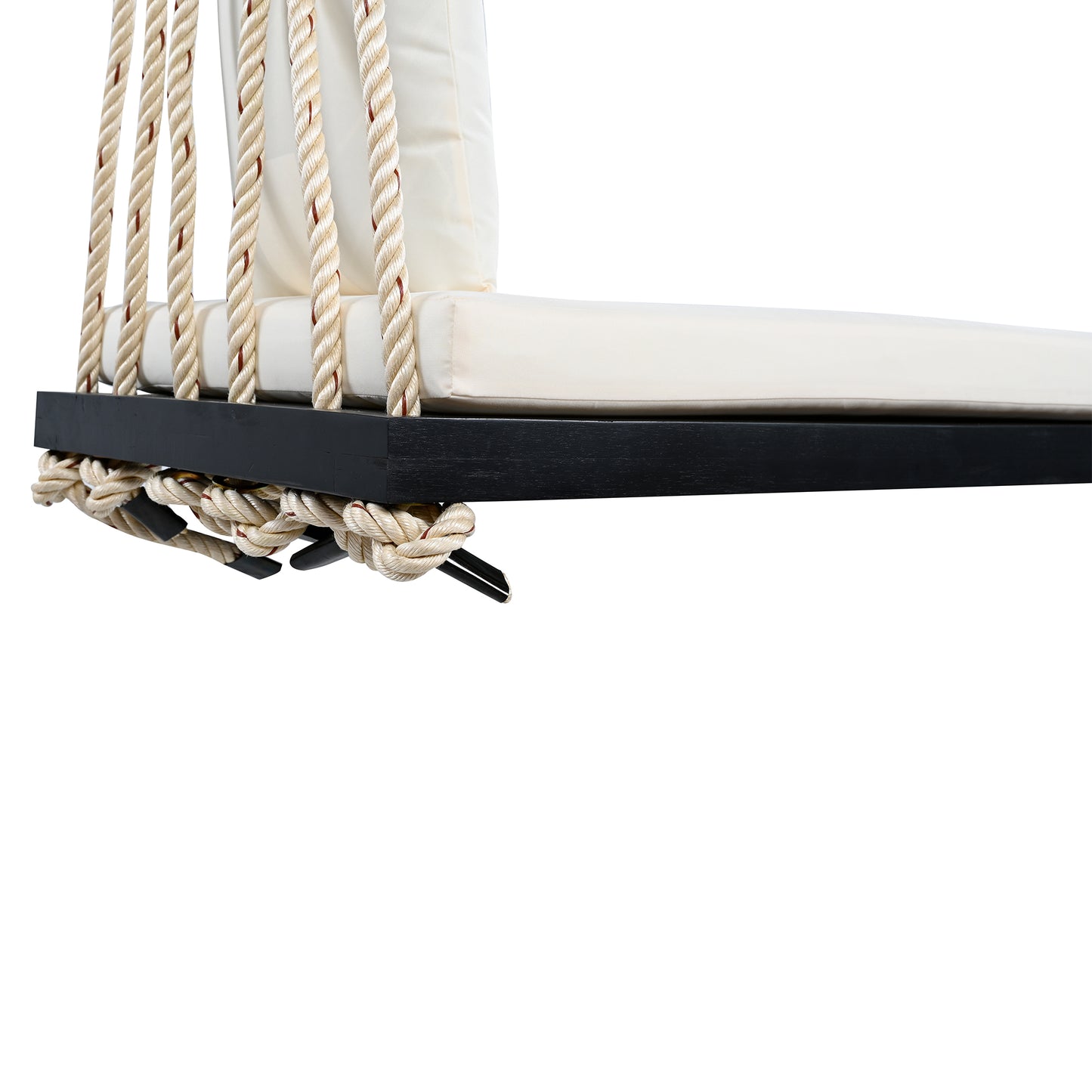 TOPMAX Patio Wooden Swing Chair, Hanging Porch Swing Bench with Cushion&Pillows, 10.8Ft Hemp Ropes for Garden,Backyard, Lawn,Black