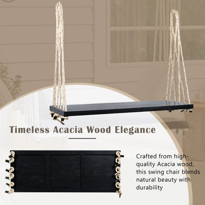 TOPMAX Patio Wooden Swing Chair, Hanging Porch Swing Bench with Cushion&Pillows, 10.8Ft Hemp Ropes for Garden,Backyard, Lawn,Black