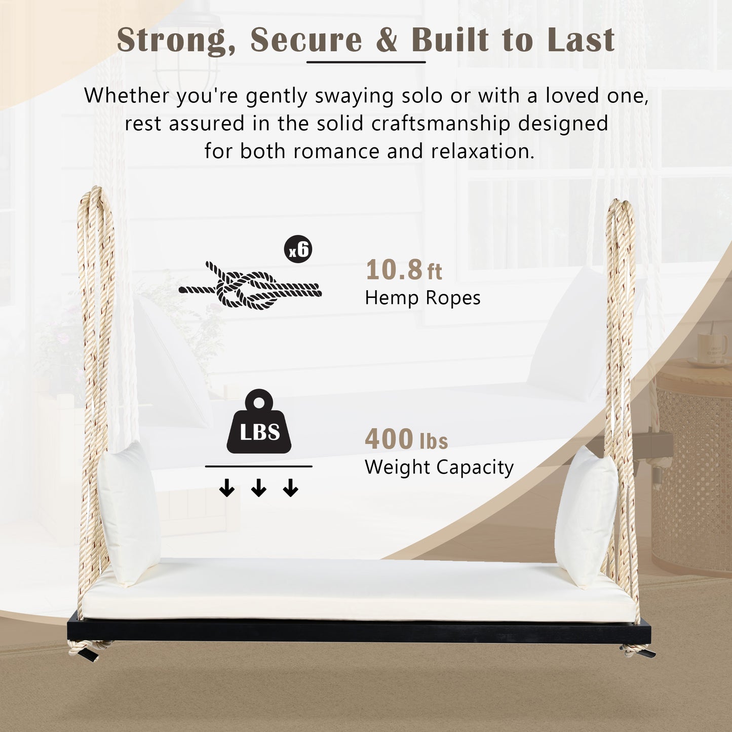 TOPMAX Patio Wooden Swing Chair, Hanging Porch Swing Bench with Cushion&Pillows, 10.8Ft Hemp Ropes for Garden,Backyard, Lawn,Black