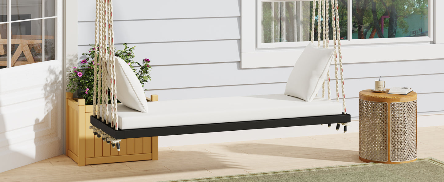 TOPMAX Patio Wooden Swing Chair, Hanging Porch Swing Bench with Cushion&Pillows, 10.8Ft Hemp Ropes for Garden,Backyard, Lawn,Black